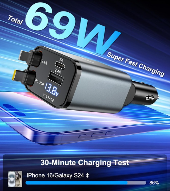 Încărcător Auto Retractabil X – Încărcare Rapidă USB-C & Cablu Retractabil pentru Mașină
