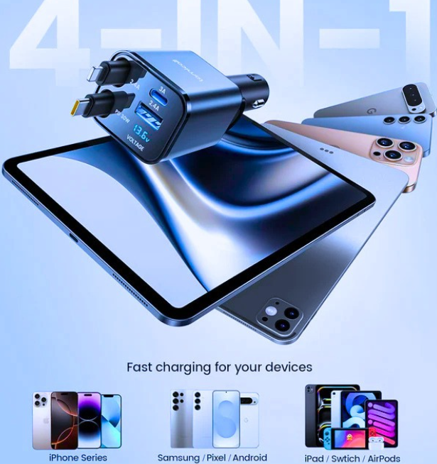 Încărcător Auto Retractabil X – Încărcare Rapidă USB-C & Cablu Retractabil pentru Mașină