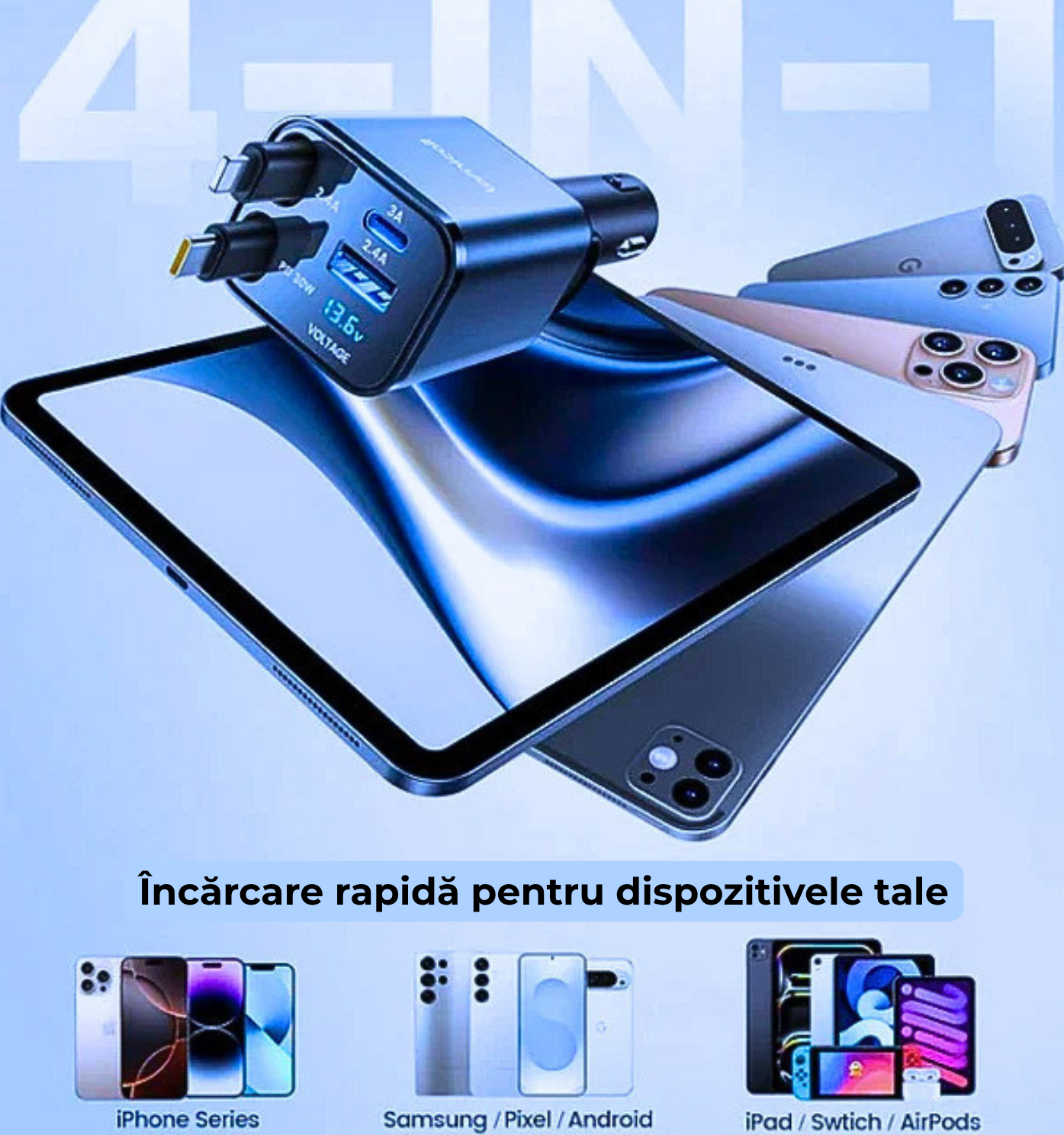 Încărcător Auto Retractabil X – Încărcare Rapidă USB-C & Cablu Retractabil pentru Mașină
